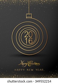Merry christmas happy new year gold 2016 spiral shape. Ideal for xmas card or elegant holiday party invitation. EPS10 vector.