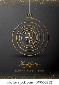 Merry christmas happy new year gold 2016 spiral shape. Ideal for xmas card or elegant holiday party invitation. EPS10 vector.