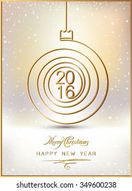 Merry christmas happy new year gold 2016 spiral shape. Ideal for xmas card or elegant holiday party invitation. EPS10 vector.