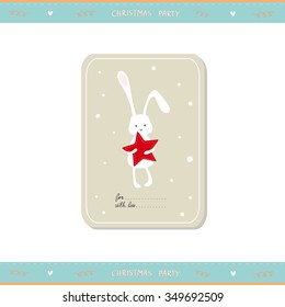 Merry Christmas and Happy New Year Card with Happy Smiling Xmas Bunny with Christmas Star. Greeting holidays card with sweets and candy.