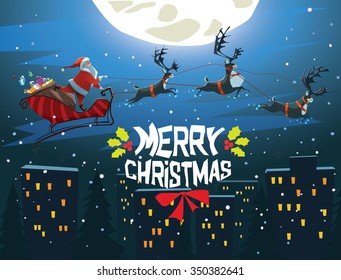 Merry Christmas and Happy New Year. Santa with deers. Holy Night