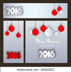 Merry Christmas and Happy New Year celebrations collection for flyer, banner, poster or invitation with text.Happy New 2016 Year.Paper Origami card on grey background.Inscription 2016 cut out of paper