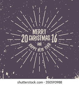 Merry Christmas and Happy New Year. Lettering composition with vintage light rays. Grunge purple background.