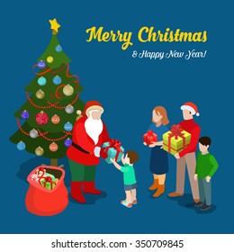 Merry Christmas Happy New Year flat 3d isometry isometric concept web infographics vector leaflet flyer card postcard template. Santa gives present little boy and family. Creative holiday collection