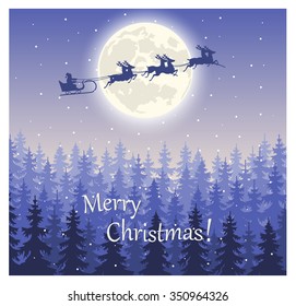 Merry Christmas and Happy New Year. Santa Claus flying on sledge on the sky against a fairy forest.