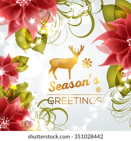 Merry Christmas and Happy New Year Card With Lettering Label, Red Bow And Poinsettia Flowers