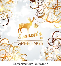 Merry Christmas and Happy New Year Card With Lettering Label, Red Bow And Poinsettia Flowers
