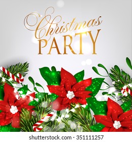 Merry Christmas and Happy New Year Card With Lettering Label, Red Bow And Poinsettia Flowers