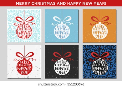 Merry christmas and happy new year. Set of typographical greeting cards with Christmas balls. Element for design