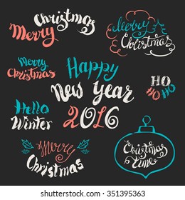 Merry Christmas and Happy New Year Calligraphic Background. Vector set of holidays lettering. Hand drawn calligraphic design element.