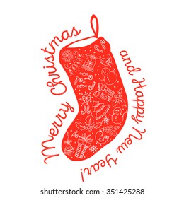 Merry Christmas and Happy New Year. Christmas items on a red background. Christmas freehand drawing on a red background. Vintage Christmas doodles. Christmas red sock free hand drawing.