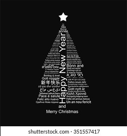 Merry Christmas and Happy New Year word tag cloud shaped as a tree, Blank Greeting Card with text