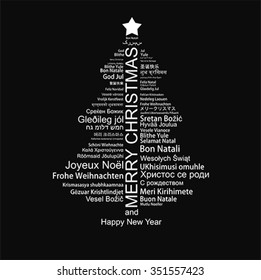 Merry Christmas And Happy New Year Word Tag Cloud Shaped As A Tree 