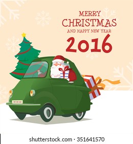 Merry Christmas and Happy New Year Green car with tree, gift and Santa