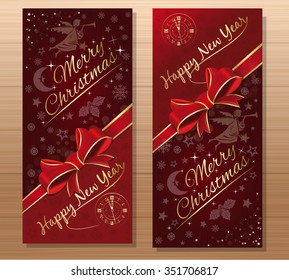 Merry Christmas and Happy New Year.  Dark-red background with angel and Christmas decorative elements on a wooden background. Vector gift card.