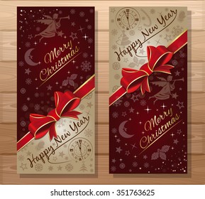 Merry Christmas and Happy New Year.  Background with red ribbon and bow, angel, clock and Christmas decorative elements. Vector gift card.