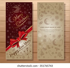 Merry Christmas and Happy New Year.  Dark-red and beige background with angel and Christmas decorative elements. Vector gift card.