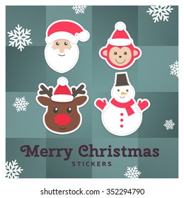 Merry christmas and happy new year sticker collection with holiday characters, santa, raindeer, snowman, monkey, christmas tree, ornament, clothes and gifts. Cute card for holidays design