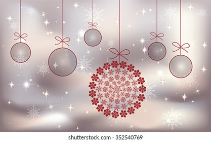 Merry Christmas and Happy New Year greeting card background with balls ornaments and snowflakes, vector