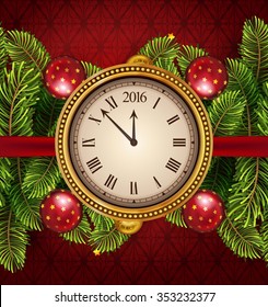 Merry Christmas and Happy new year gold clock with christmas decorations