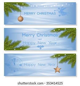 Merry Christmas and Happy New Year. Set vector background with fir branches, Christmas balls, angel and clock.