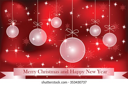 Merry Christmas and Happy New Year greeting card with balls ornaments, snowflakes and ribbon. Winter holiday backgrounds, vector
