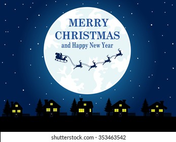 Merry Christmas and Happy New Year evening background blue with Houses Christmas Trees and Santa 