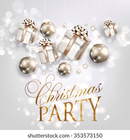 Merry Christmas and Happy New Year Card with gift box. Christmas Party Invitation