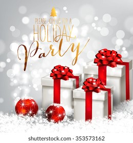 Merry Christmas and Happy New Year Card with gift box. Christmas Party Invitation