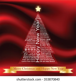 Merry Christmas and Happy New Year word Tag Cloud shaped as a tree, red Greeting Card with text