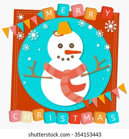 Merry Christmas and happy new year scrapbooking card with text, childish stylized image of snowman and snow