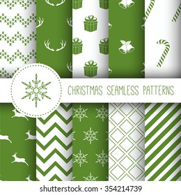 Merry Christmas and Happy New Year. Set of seamless backgrounds with traditional symbols: deers, gifts, beels, snowflakes, and with suitable abstract geometric patterns. Vector illustration.