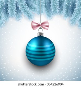 Merry Christmas and Happy New Year vector card design with blue decorative ball and fir branches