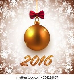 Merry Christmas and Happy New Year vector card design with gold decorative ball