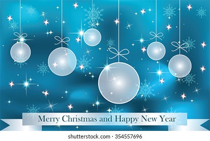 Merry Christmas and Happy New Year greeting card with balls ornaments, snowflakes and ribbon, vector