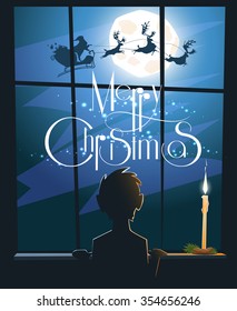 Merry Christmas and Happy New Year. Holy night. Santa Claus with deers. Boy near to window 