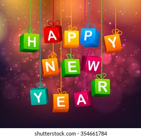 Merry Christmas and  happy new year greeting card. 3d gifts with letters on blurred background. Vector illustration.