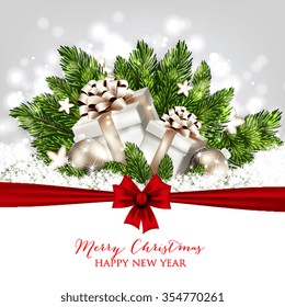 Merry Christmas and Happy New Year Card with gift box. Christmas Party Invitation