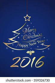 Merry Christmas and Happy New Year 2016. Christmas tree on a blue background. Vector greeting card.