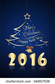 Merry Christmas and Happy New Year 2016. Christmas tree and jingle bells on a dark blue background. Original inscription.  Vector greeting card.