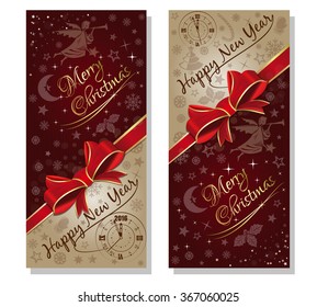 Merry Christmas and Happy New Year 2016. Background with clock, angel and Christmas decorative elements. Vector gift card.