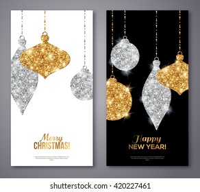 Merry Christmas and Happy New Year Flyers. Background with Silver and Gold Hanging Baubles. Vector illustration. Glitter Texture, Sequins Pattern. Glowing Invitation Template. 