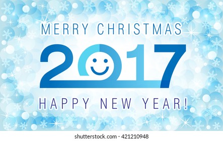 Merry Christmas and Happy New Year 2017 smiling face card. The logo of 2017 on abstract background with snowflakes.