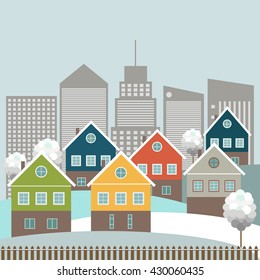 Merry Christmas And Happy New Year Card With Colorful Houses