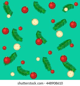 Merry Christmas and happy new year greeting postcard. Christmas background with decoration and tree. Vector illustration.