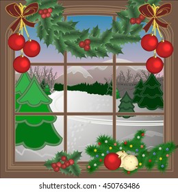 Merry Christmas and happy new year greeting postcard. Christmas background with window,  mountain, trees and decoration. Vector  illustration.