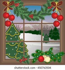 Merry Christmas and happy new year greeting postcard. Christmas background with window,  mountain, trees and decoration. Vector  illustration.