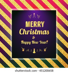 Merry Christmas and Happy New Year card. Vector gold glittering pattern for certificate, gift, voucher, present, discount, invitation.