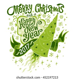 Merry Christmas and Happy New Year 2017 Greeting card. Isolated vector illustration, poster, invitation, postcard or background.