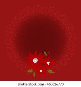 Merry Christmas and Happy New Year red background. Vector Illustration with wreath of lights, poinsettia handmade flowers, holly berry and space for text
